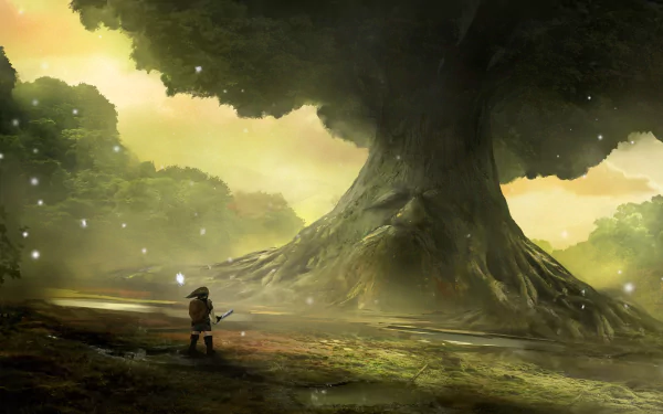 HD desktop wallpaper of The Legend of Zelda: Ocarina of Time, featuring Link standing before a grand tree in a mystical landscape.