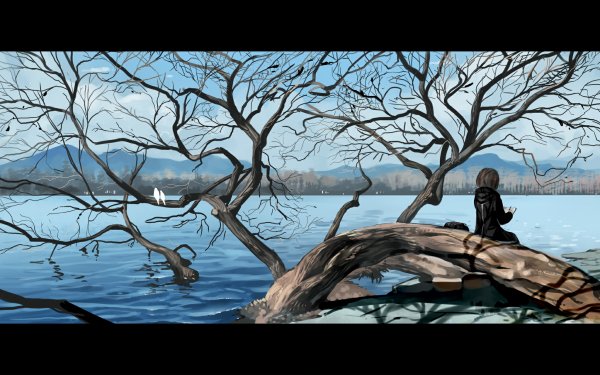 Anime Original Water Twisted Tree Lake Mountain Sky HD Wallpaper | Background Image
