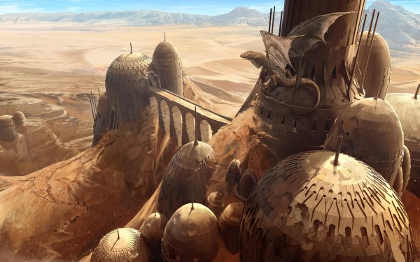 Fantasy Dragon Landscape Desert Sand Building Dome HD Wallpaper | Background Image