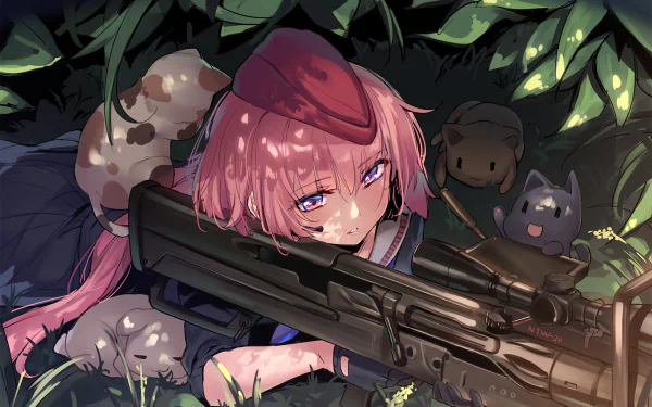 A stunning HD wallpaper from the video game Girls Frontline features a character with pink hair in a green, leafy setting, wielding a gun alongside playful stuffed animals.