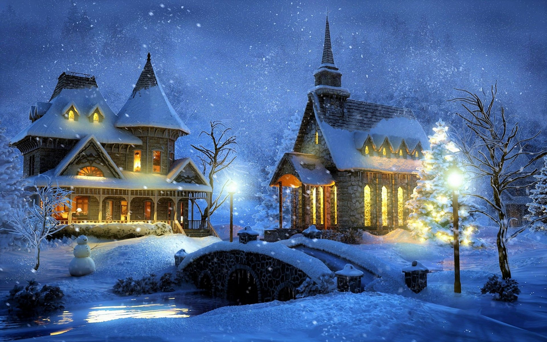 Download Night Snowfall Church Bridge Snowman Snow Winter Artistic Painting  HD Wallpaper