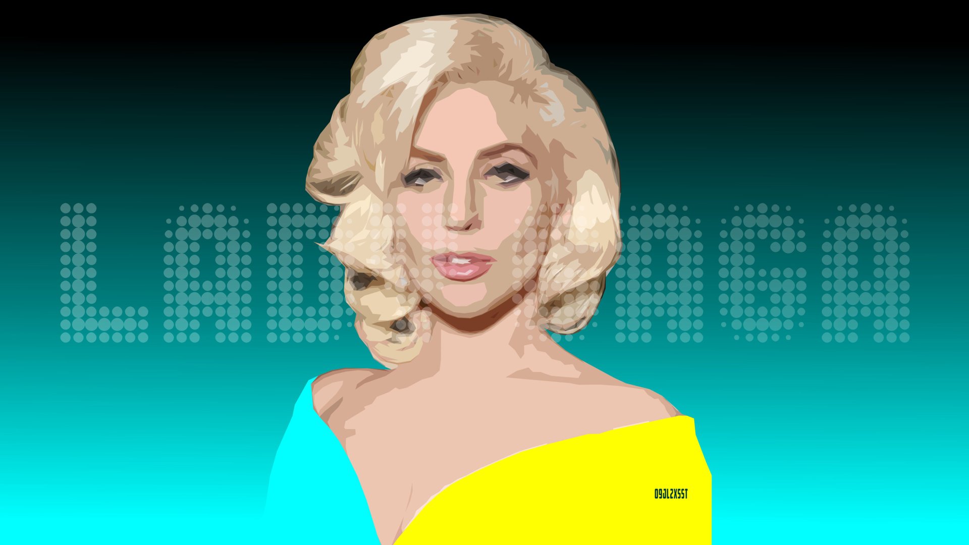 HD wallpaper featuring a stylized portrait of the American singer Lady Gaga with blonde hair, set against a gradient background with her name displayed in dot matrix lettering.