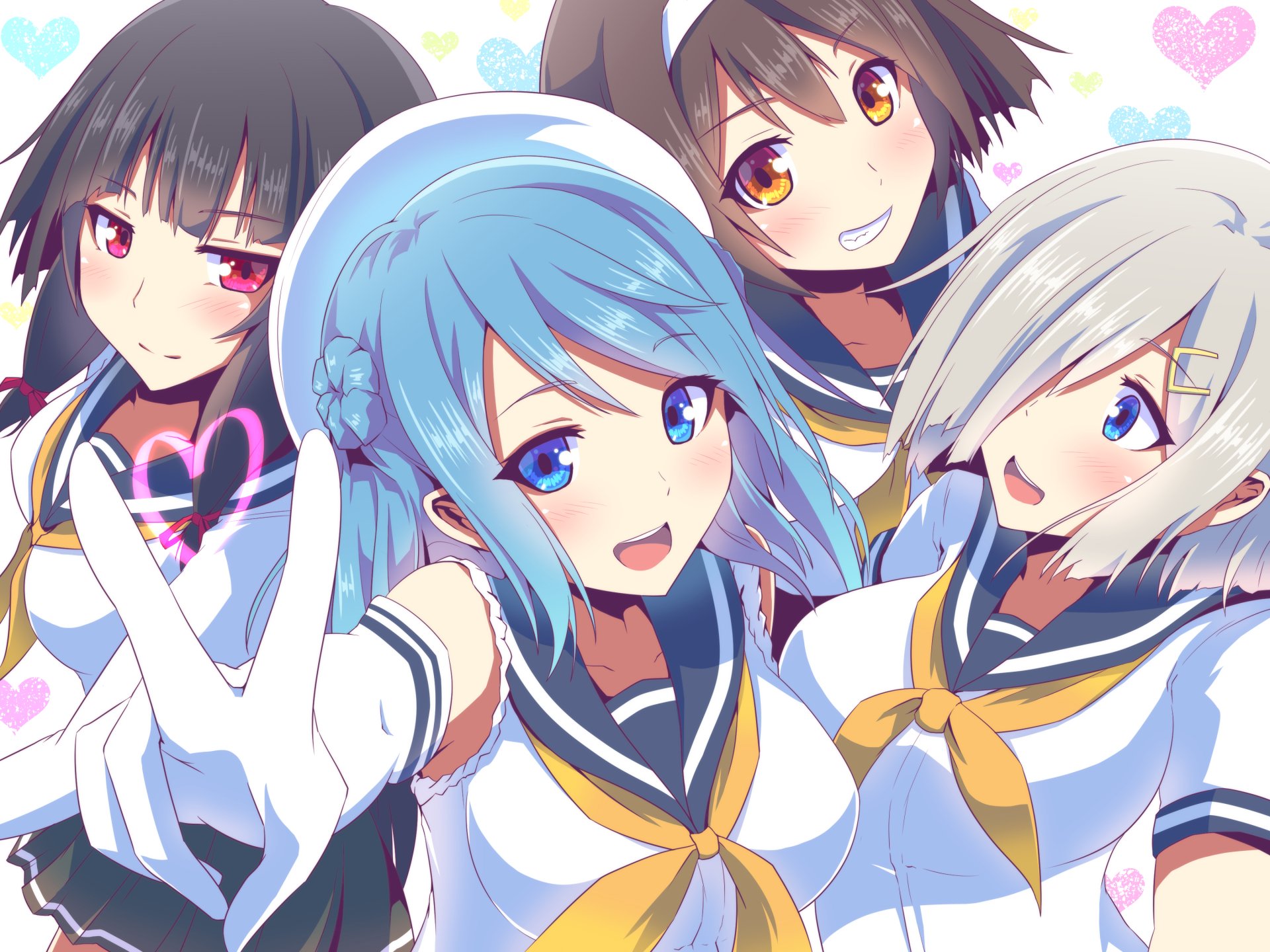 HD PC desktop wallpaper featuring Urakaze, Tanikaze, Isokaze, and Hamakaze from the anime Kantai Collection, showcasing vibrant colors and dynamic poses.
