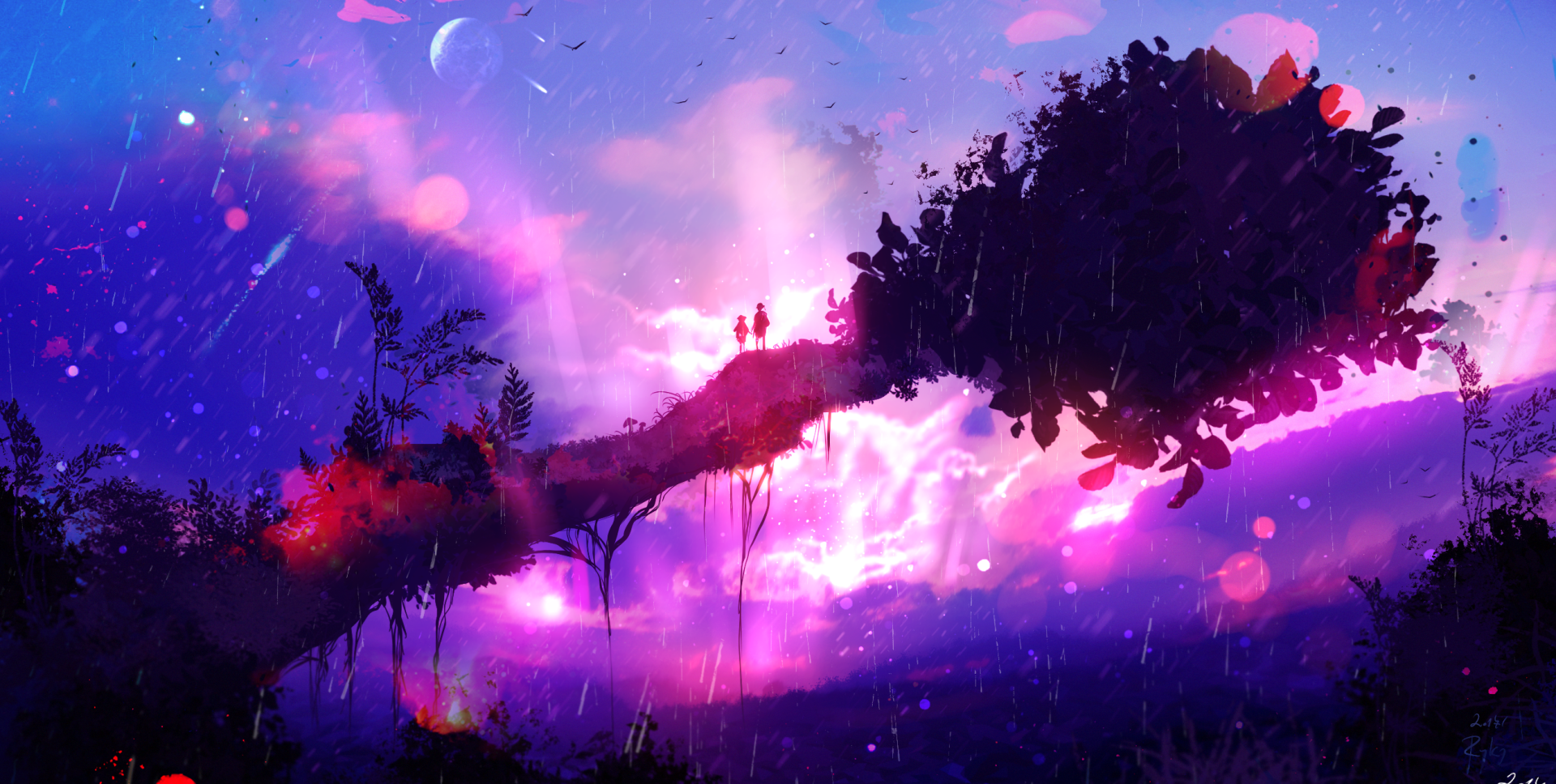 A fantasy anime HD wallpaper featuring two people standing on a tree branch against a vibrant sky with dramatic clouds and ethereal lighting.
