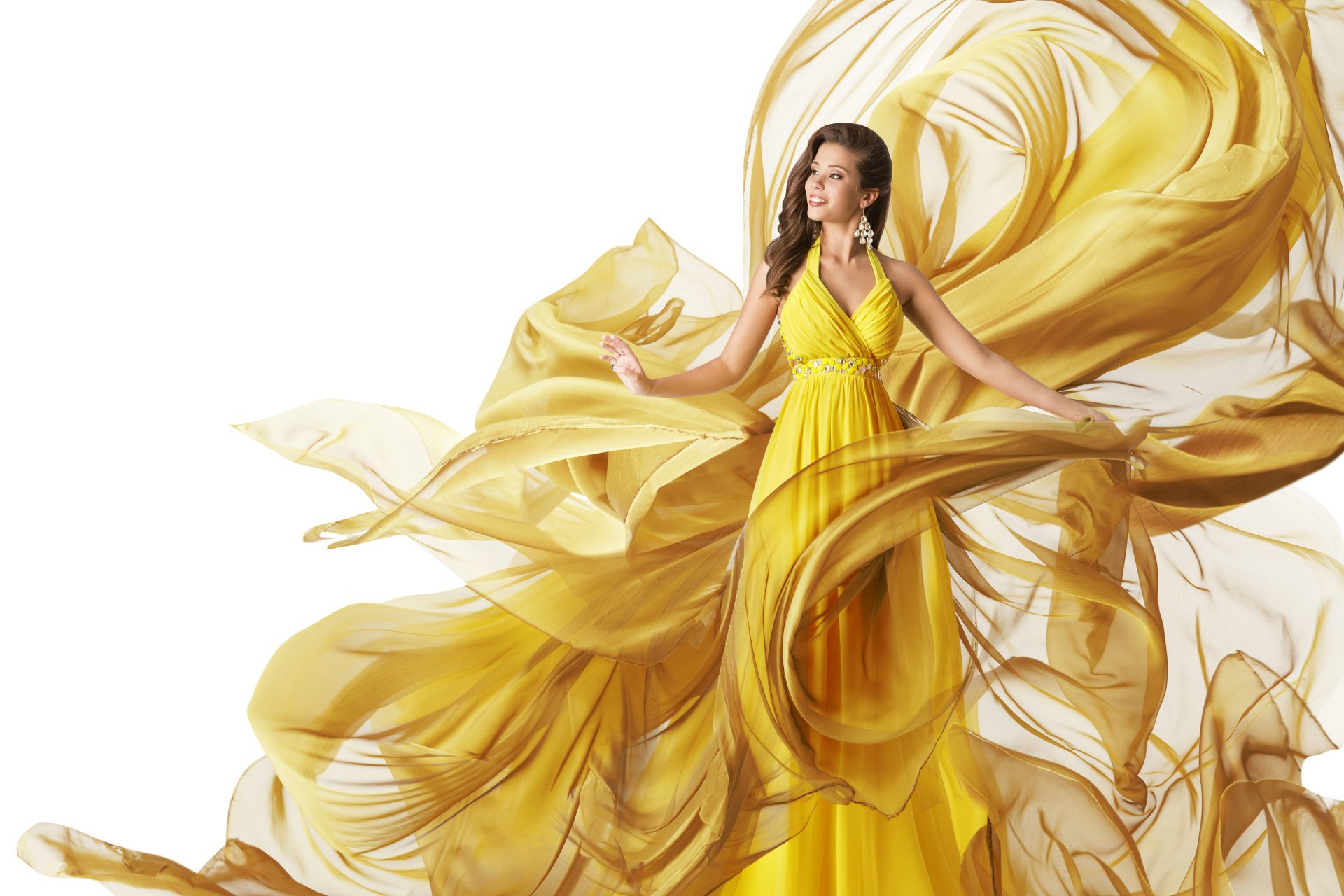 Download Smile Yellow Dress Earrings Brunette Woman Model 4k Ultra HD Wallpaper