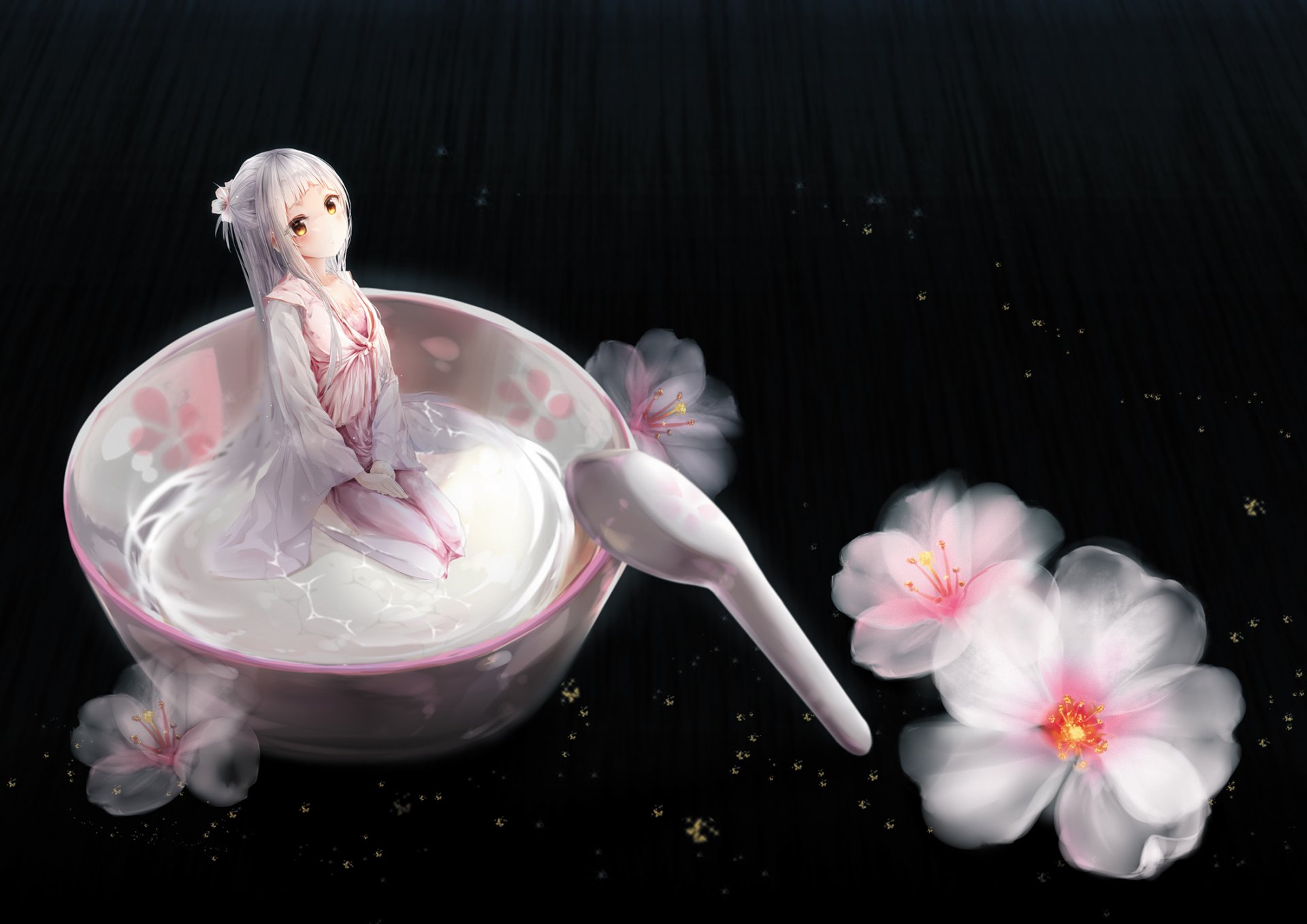Anime-style original artwork of a white-haired girl with brown eyes sitting in a large teacup with a spoon, surrounded by delicate flowers, designed as an HD PC desktop wallpaper.