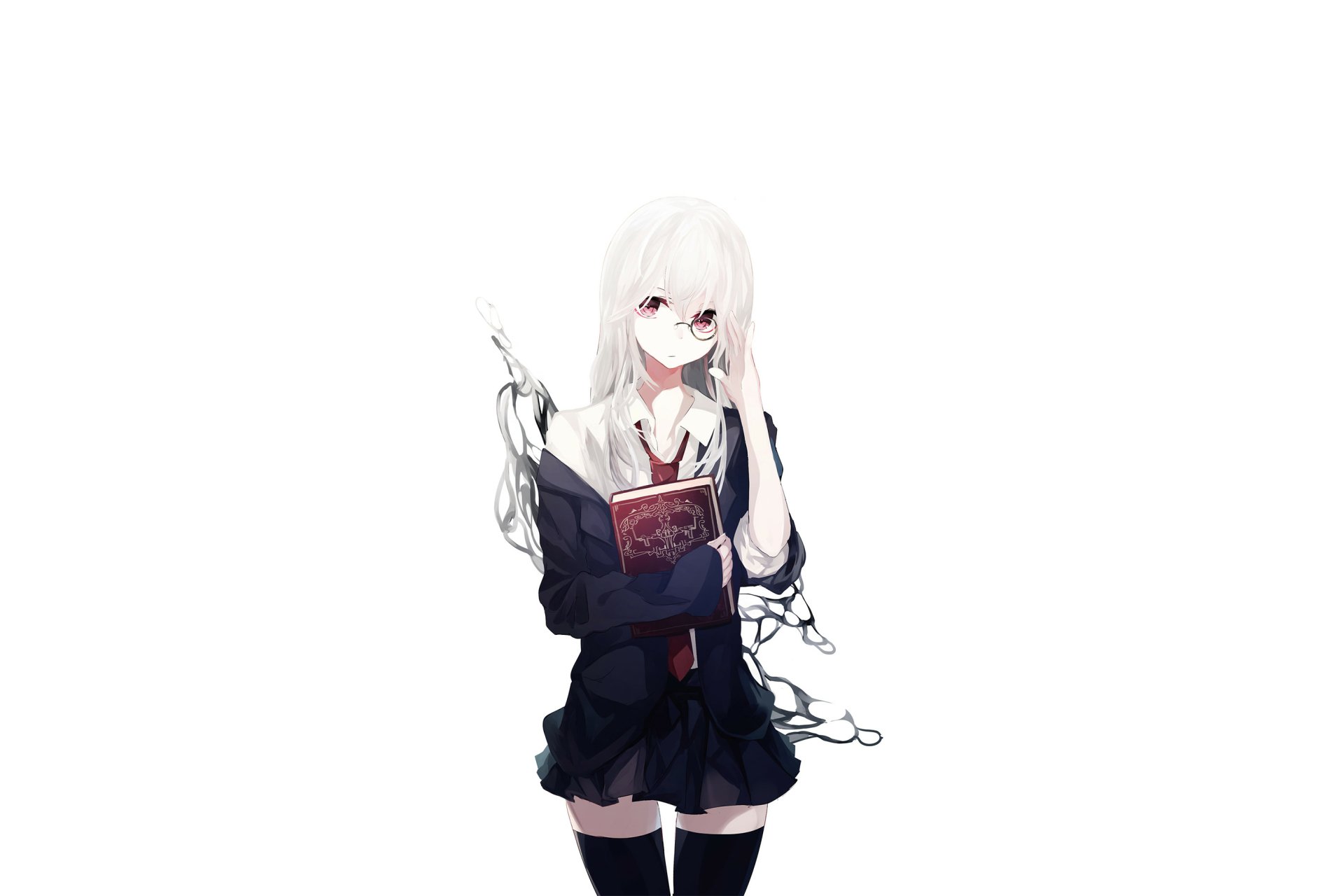 Anime character with white hair and pink eyes in a school uniform, holding a book and wearing thigh-highs, stands against a plain background. HD desktop wallpaper.