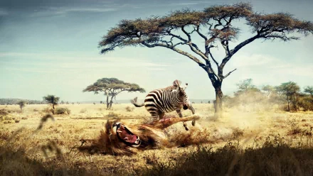 A lion chases a zebra in a humorous moment set against an expansive savannah landscape, showcasing vibrant wildlife in this HD desktop wallpaper.