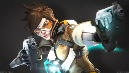 HD PC desktop wallpaper featuring Tracer from the video game Overwatch, showcasing her dynamic pose with dual pistols against a dark background.