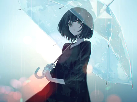 Anime girl with short hair holding a transparent umbrella in the rain, rendered in HD as a PC desktop wallpaper and background.