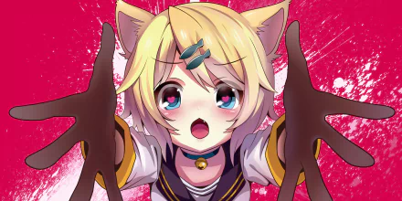 A vibrant HD wallpaper featuring Rin Kagamine, a blonde cat girl with blue eyes and animal ears, expressing wonder amid a striking pink background.