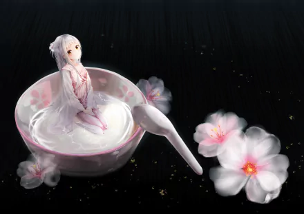 Anime-style original artwork of a white-haired girl with brown eyes sitting in a large teacup with a spoon, surrounded by delicate flowers, designed as an HD PC desktop wallpaper.