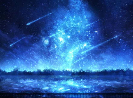 Anime-style HD desktop wallpaper featuring a serene night scene with a lake, aurora australis, and comets streaking across a starry sky.