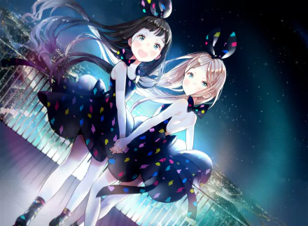 Anime-style HD desktop wallpaper featuring two girls with black and blonde hair, blue eyes, wearing colorful dresses under a glowing night sky.