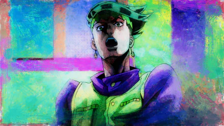 HD desktop wallpaper featuring Rohan Kishibe from the anime Jojo's Bizarre Adventure in a vibrant, colorful background.