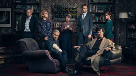 4K Ultra HD PC desktop wallpaper featuring the cast of Sherlock (TV series) with Benedict Cumberbatch and co-stars in a richly detailed living room setting.