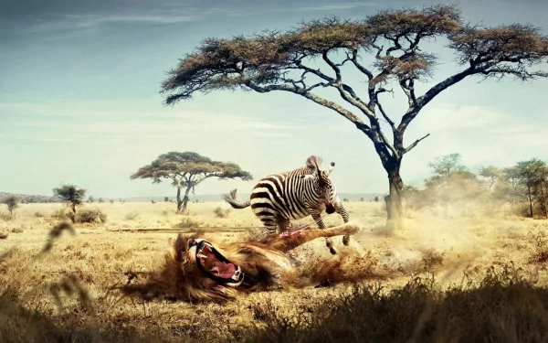 A lion chases a zebra in a humorous moment set against an expansive savannah landscape, showcasing vibrant wildlife in this HD desktop wallpaper.
