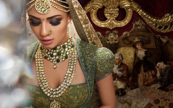 A stunning HD desktop wallpaper featuring an Indian bride adorned in a green saree, intricate jewelry, and makeup, with a bokeh effect and an ornate backdrop.