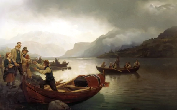 A serene painting of fishermen by a fjord in Norway, capturing the beauty of nature and traditional life, serves as a stunning HD desktop wallpaper and background.