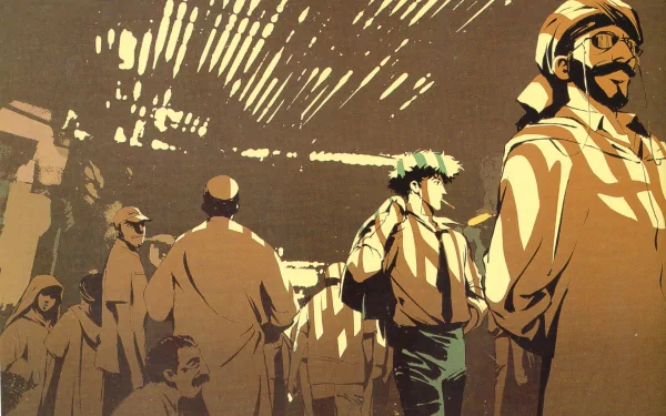 HD PC desktop wallpaper featuring Spike Spiegel from the anime Cowboy Bebop, depicted in a stylized, muted color palette amidst a crowd.