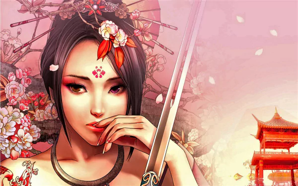 HD PC desktop wallpaper from the fantasy video game JX Online, featuring an Asian woman with flowers, a sword, and a pagoda in the background.