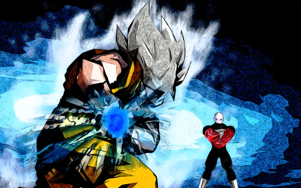 HD desktop wallpaper of Goku in Super Saiyan form facing Jiren from Dragon Ball Super, with vibrant blue energy around Goku. This image combines iconic anime elements from the Dragon Ball series.