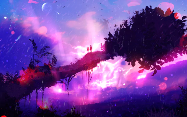 A fantasy anime HD wallpaper featuring two people standing on a tree branch against a vibrant sky with dramatic clouds and ethereal lighting.