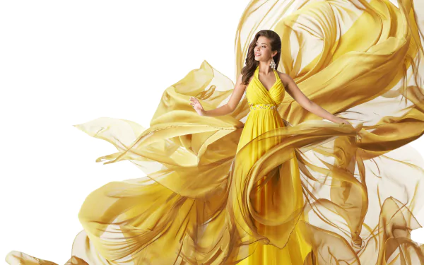 smile yellow dress earrings brunette woman model HD Desktop Wallpaper | Background Image