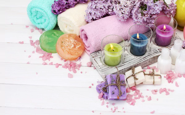 A serene 4K Ultra HD spa scene with rolled towels, lit candles, soaps, and floral accents, evoking a calming, zen atmosphere.