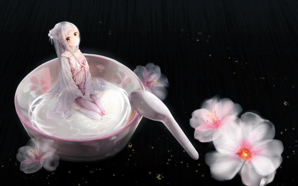 Anime Original Cup Spoon Flower Dress White Hair Brown Eyes HD Wallpaper | Background Image