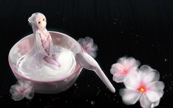 Anime-style original artwork of a white-haired girl with brown eyes sitting in a large teacup with a spoon, surrounded by delicate flowers, designed as an HD PC desktop wallpaper.