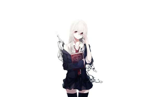 Anime Original Glass Pink Eyes Book White Hair School Uniform Thigh Highs HD Wallpaper | Background Image