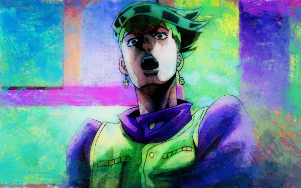 HD desktop wallpaper featuring Rohan Kishibe from the anime Jojo's Bizarre Adventure in a vibrant, colorful background.