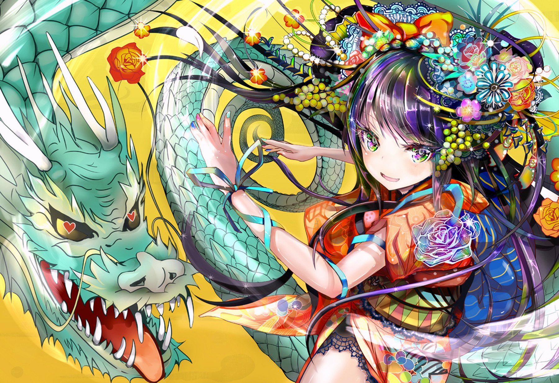 Anime girl with long purple hair and eyes in a detailed yukata adorned with flowers, accompanied by a vibrant dragon, set against a bright yellow background.