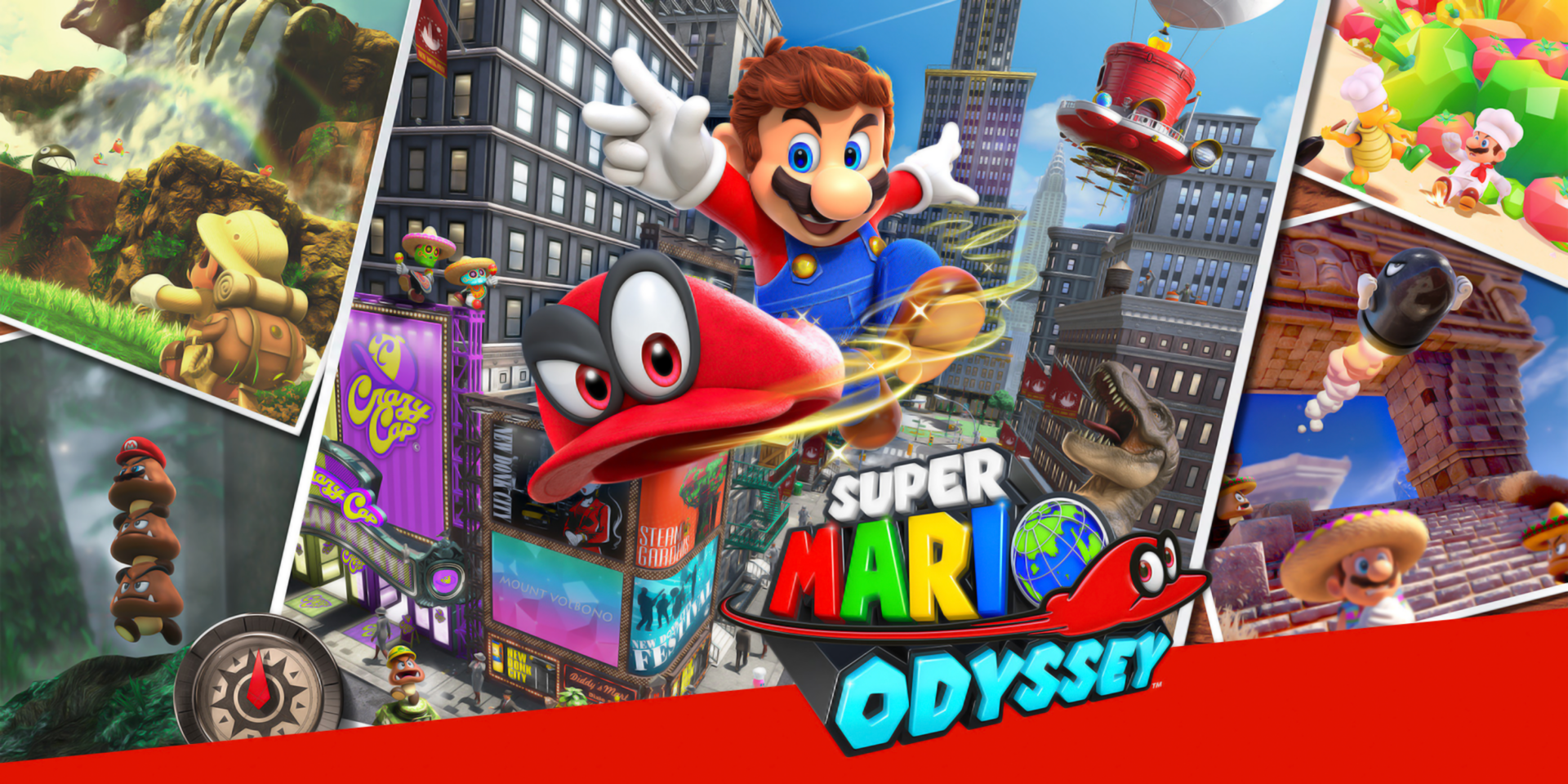 HD desktop wallpaper featuring Super Mario from Super Mario Odyssey, showcasing vibrant scenes from the video game, including Mario with his iconic cap in a cityscape and various action-packed moments.