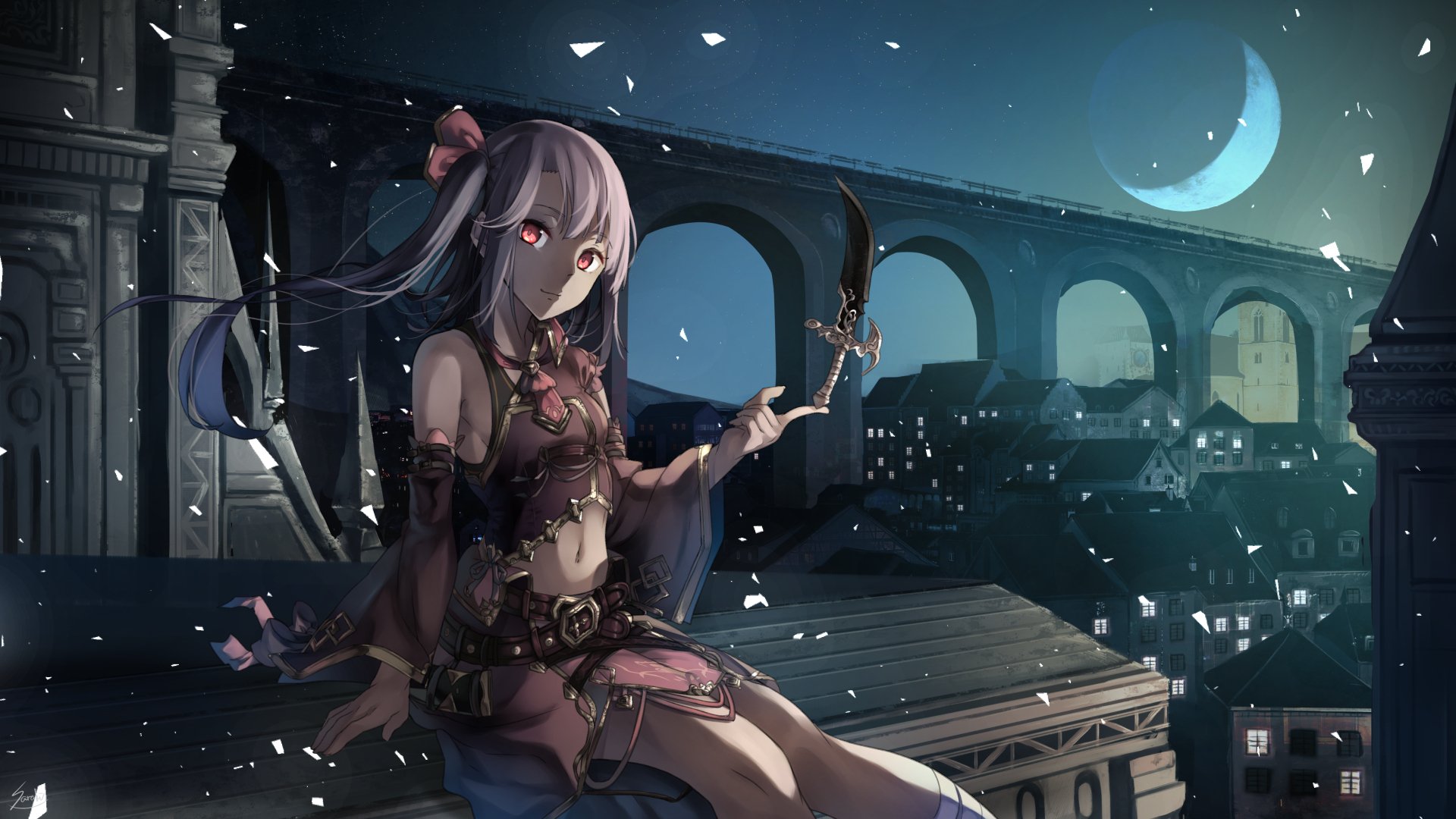 Anime-style HD desktop wallpaper of a mysterious girl with pink hair sitting on a rooftop at night, overlooking a moonlit town under a starry sky.