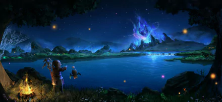 A serene fantasy scene featuring a Lalafell and a Moogle from Final Fantasy XIV by a campfire, overlooking a tranquil lake under a starry sky. Mesmerizing lights and celestial colors adorn the landscape.