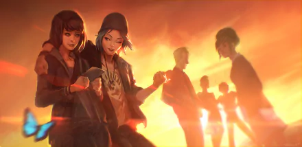 HD wallpaper featuring characters Warren Graham, Victoria Chase, Nathan Prescott, Kate Marsh, Chloe Price, and Max Caulfield from the video game Life Is Strange, against a sunset background.