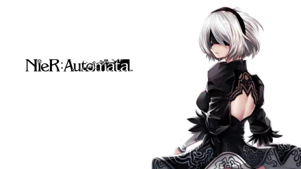 HD desktop wallpaper featuring YoRHa No.2 Type B from the video game NieR: Automata. The white-haired woman warrior with short hair is shown in detailed artwork against a white background.