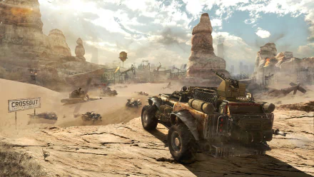HD PC desktop wallpaper featuring a rugged armored vehicle in a desert wasteland, inspired by the video game Crossout.
