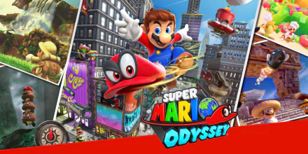 HD desktop wallpaper featuring Super Mario from Super Mario Odyssey, showcasing vibrant scenes from the video game, including Mario with his iconic cap in a cityscape and various action-packed moments.