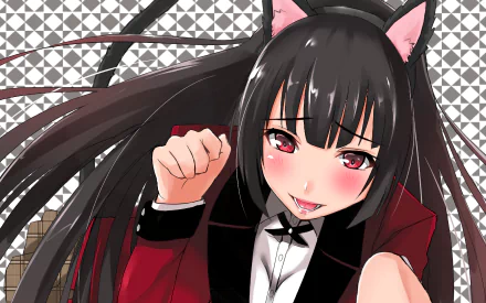 HD desktop wallpaper featuring Yumeko Jabami from Kakegurui in a cat girl outfit with cat ears and a red jacket, smiling mischievously with a geometric background.