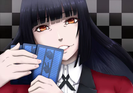 Yumeko Jabami from Kakegurui anime holding playing cards with a confident smile against a black-and-white checkered background, HD PC desktop wallpaper.