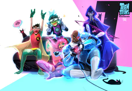 Colorful HD wallpaper of Teen Titans characters: Garfield Logan (Beast Boy), Dick Grayson (Robin), Starfire, Cyborg, and Raven, in a vibrant and playful group pose. TV show logo in the corner.