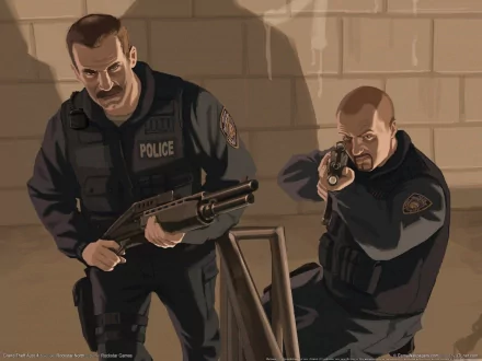 Two police officers are depicted in an action-packed scene, armed and ready, showcasing the intense atmosphere of Grand Theft Auto IV. This HD desktop wallpaper captures their determination.