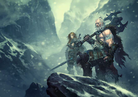 HD desktop wallpaper featuring a woman warrior and an older man, both wielding large weapons, set in a snowy, mountainous landscape from the video game Diablo III.