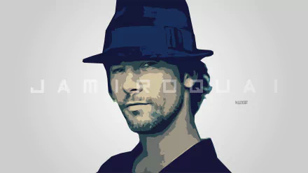 Vector 2K Quad HD desktop wallpaper: stylized portrait of a bearded male singer wearing a dark fedora, muted blue tones and minimalist backdrop with faint white lettering, music-themed face study.