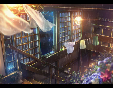 HD anime room wallpaper depicting a rainy night with light bulbs glowing, flowers blooming, clothes hanging, and wooden stairs inside an original anime-style interior.