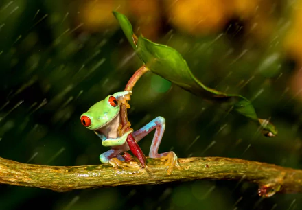 Close-up of a red-eyed tree frog sheltering under a leaf in the rain, perched on a branch against a blurred natural background.