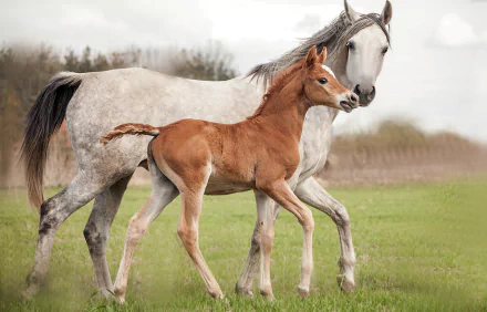 A baby foal walking alongside an adult horse in a grassy field, captured in stunning 4K Ultra HD for a vibrant PC desktop wallpaper background.